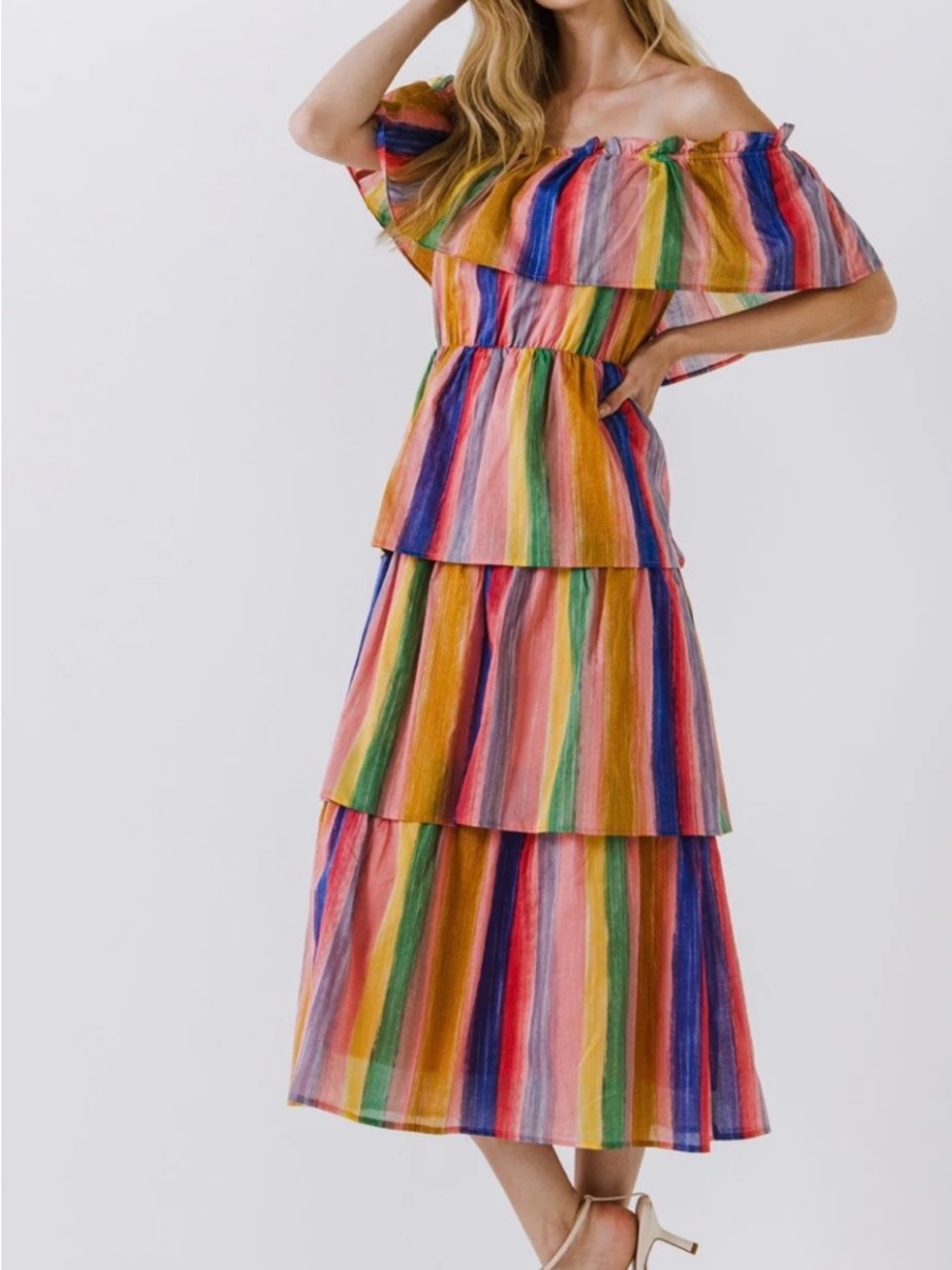 English Factory Dress Off Shoulder Multi Striped Tiered Maxi Dress Small Girly